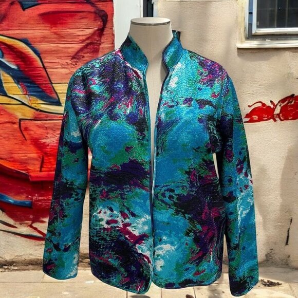 Izaro Jackets & Blazers - Izaro Womens L Abstract Print Jacket Vibrant Multicolor Textured Satin Luxurious
